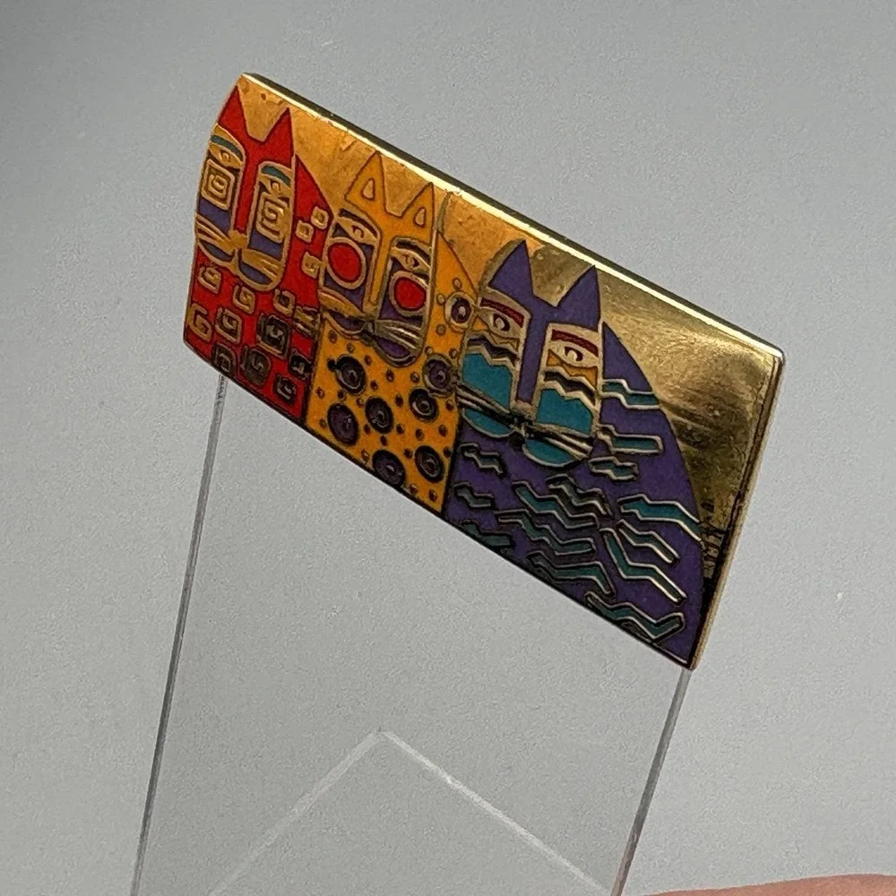 Laurel Burch Pin Wild Cats Feline Brooch Pin Cat Trio Cloisonne Enamel Statement